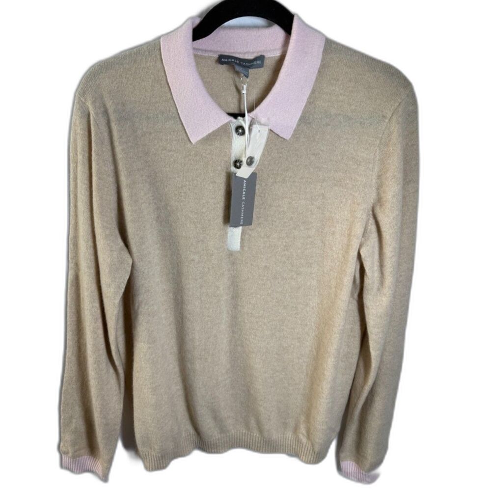 Amicale Cashmere Women’s Large 100% Cashmere Polo Sweater Beige Pink